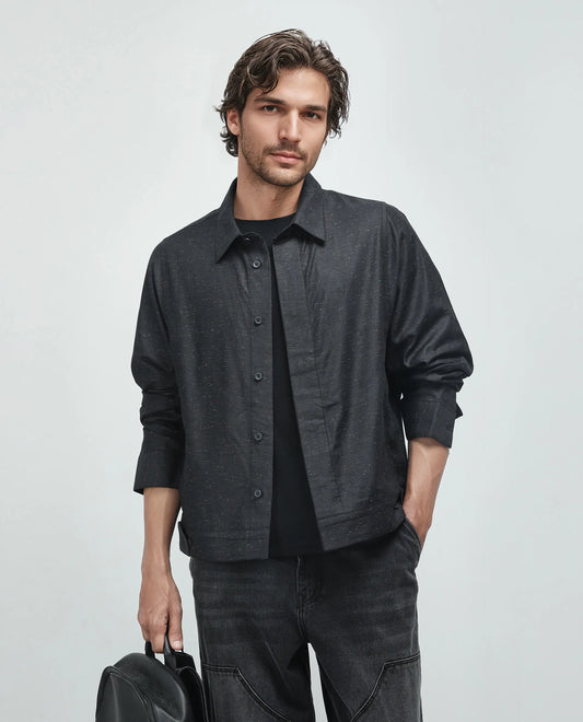 Rare Rabbit Men's Biot-S Black Cotton Blend Plain Relaxed Fit Full Sleeve Collared Shacket