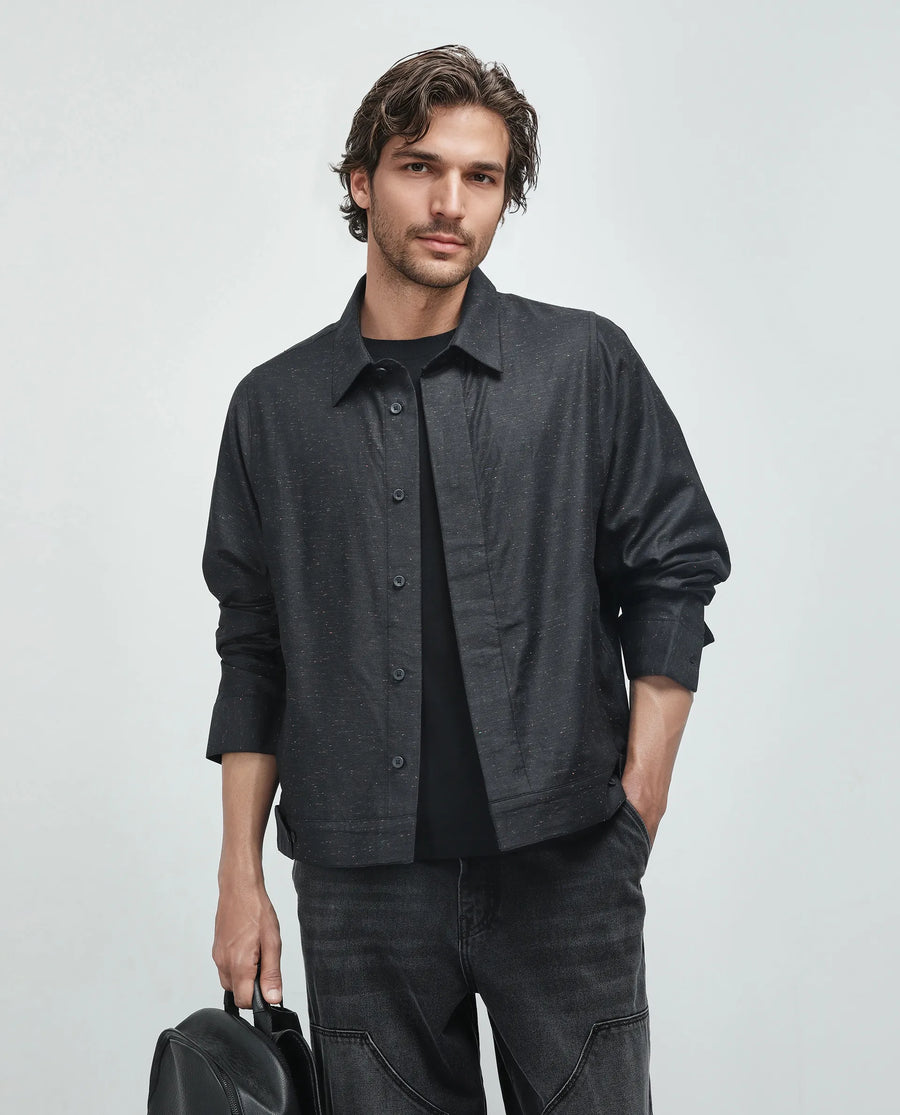 Rare Rabbit Men's Biot-S Black Cotton Blend Plain Relaxed Fit Full Sleeve Collared Shacket