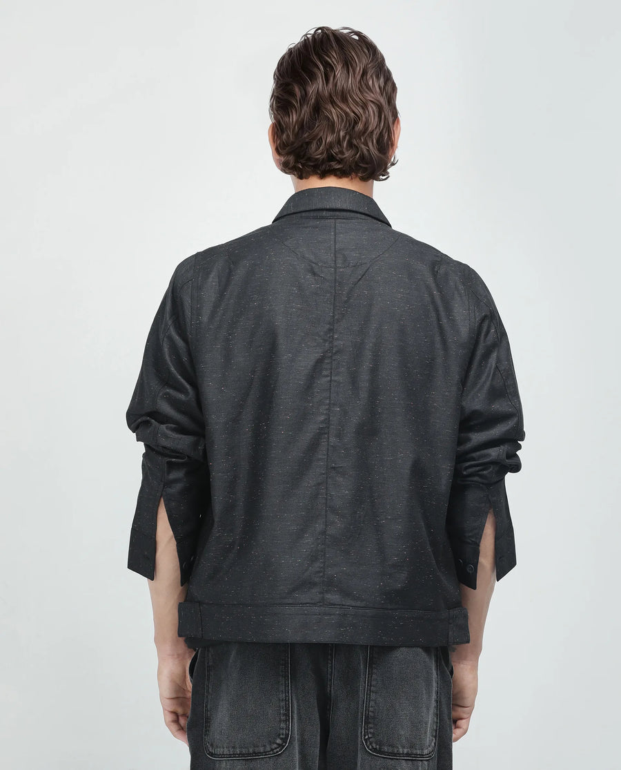 Rare Rabbit Men's Biot-S Black Cotton Blend Plain Relaxed Fit Full Sleeve Collared Shacket