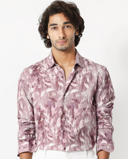 Rare Rabbit Men's Biskra Light Grey Viscose Tropical Print Regular Fit Full Sleeve Collared Shirt