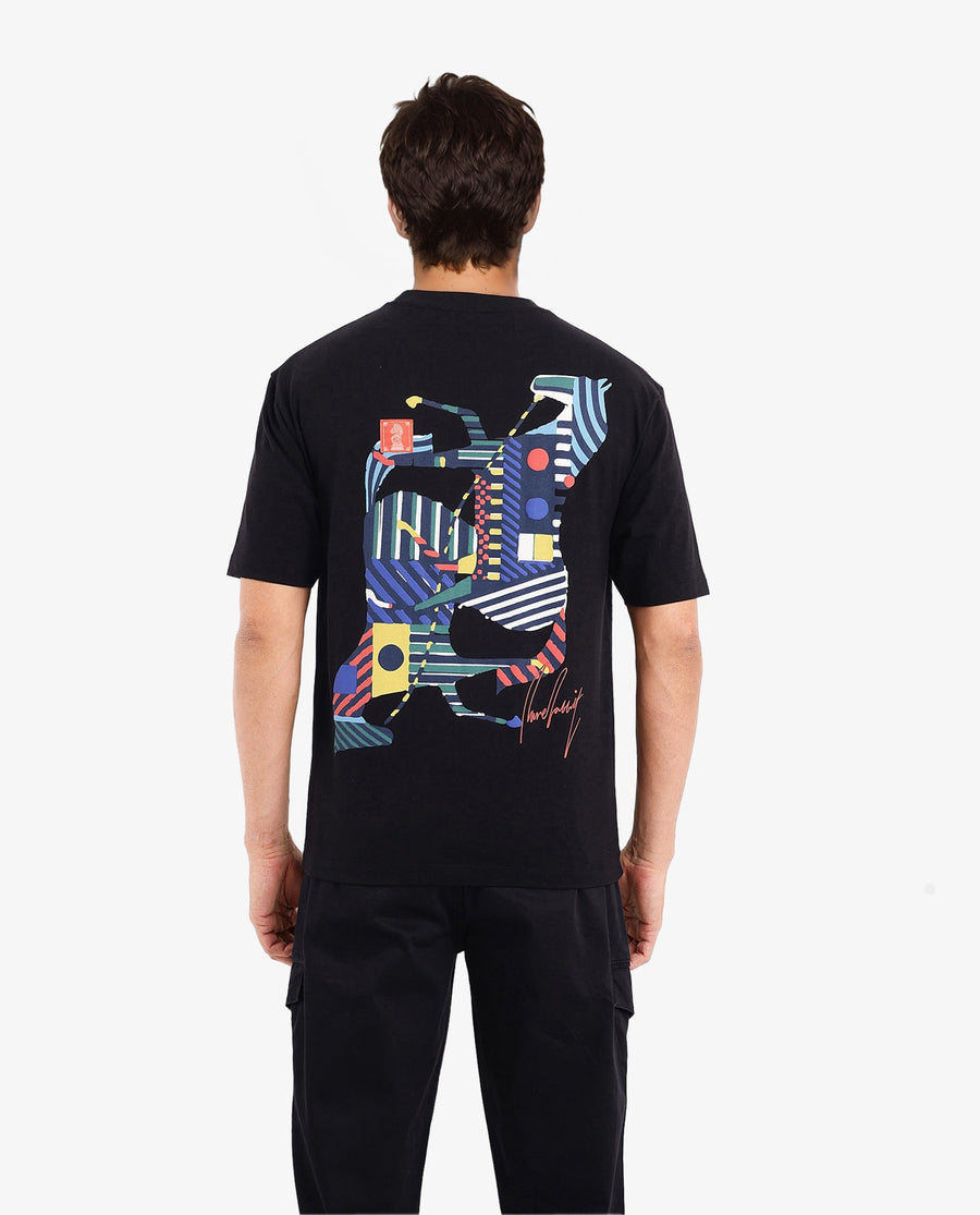 Rare Rabbit Men's Bjorn Black Cotton Graphic Print Oversized Fit Half Sleeve Crew Neck T-Shirt