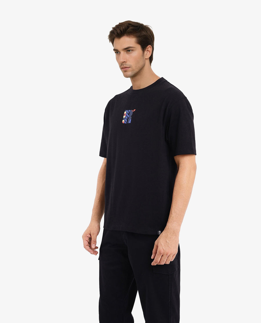 Rare Rabbit Men's Bjorn Black Cotton Graphic Print Oversized Fit Half Sleeve Crew Neck T-Shirt