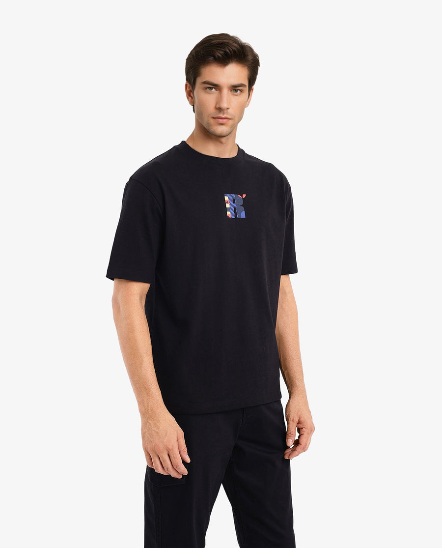Rare Rabbit Men's Bjorn Black Cotton Graphic Print Oversized Fit Half Sleeve Crew Neck T-Shirt