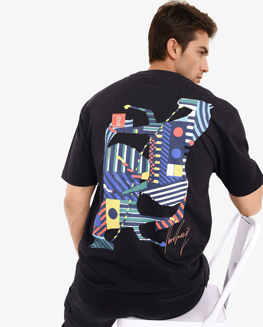 Rare Rabbit Men's Bjorn Black Cotton Graphic Print Oversized Fit Half Sleeve Crew Neck T-Shirt
