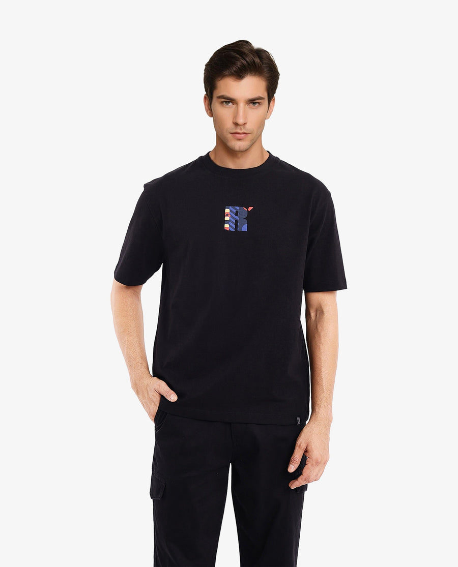 Rare Rabbit Men's Bjorn Black Cotton Graphic Print Oversized Fit Half Sleeve Crew Neck T-Shirt