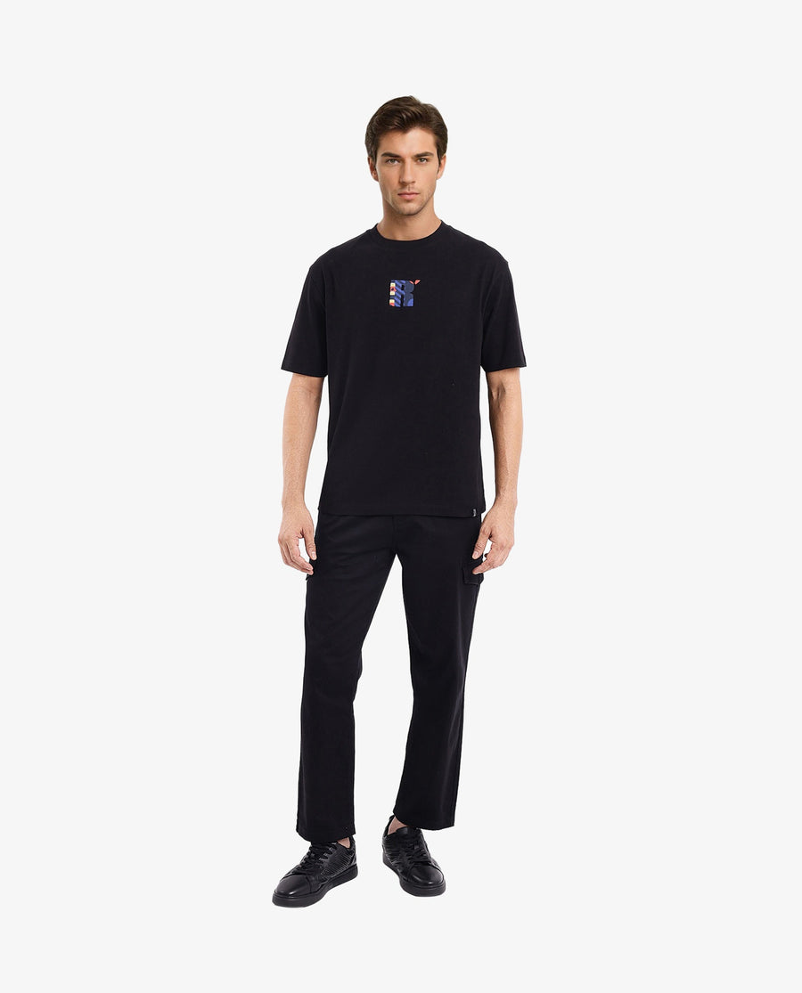 Rare Rabbit Men's Bjorn Black Cotton Graphic Print Oversized Fit Half Sleeve Crew Neck T-Shirt