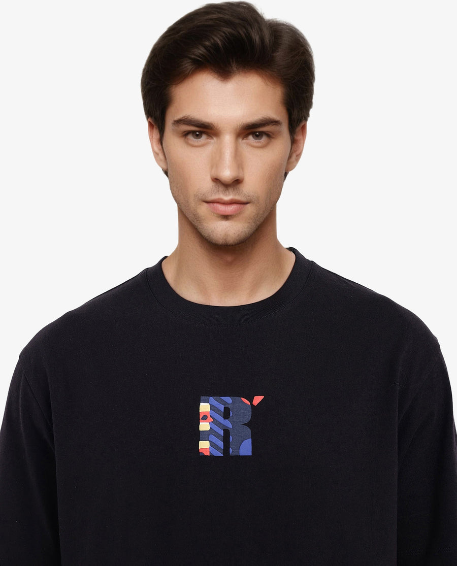 Rare Rabbit Men's Bjorn Black Cotton Graphic Print Oversized Fit Half Sleeve Crew Neck T-Shirt