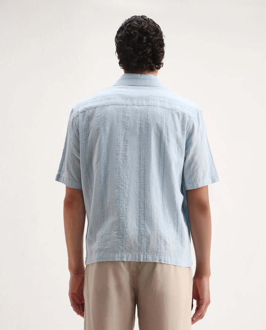 Rare Rabbit Men's Blarn Pastel Blue Cotton Blend Striped Print Boxy Fit Half Sleeve Collared Shirt