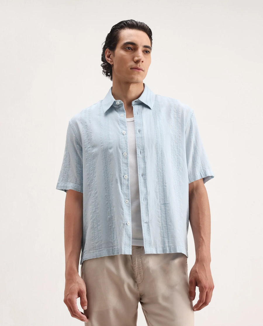 Rare Rabbit Men's Blarn Pastel Blue Cotton Blend Striped Print Boxy Fit Half Sleeve Collared Shirt