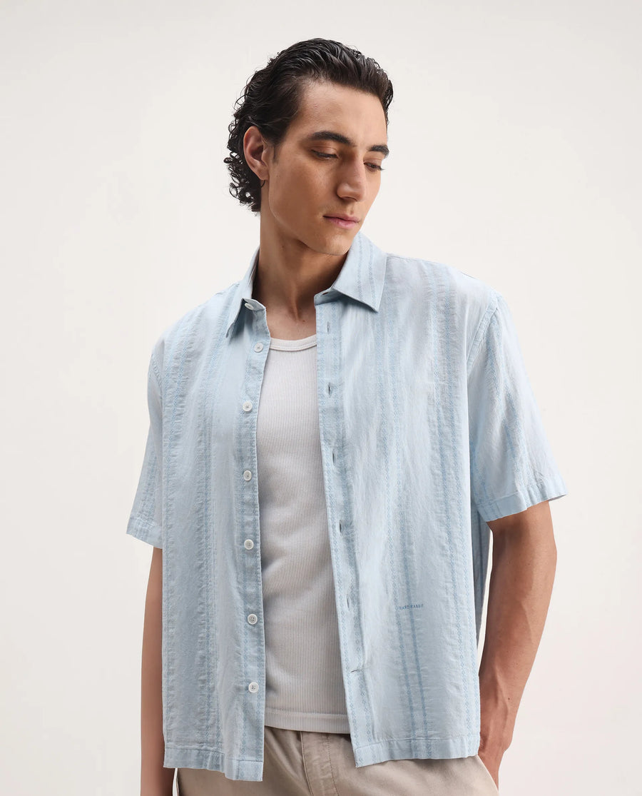 Rare Rabbit Men's Blarn Pastel Blue Cotton Blend Striped Print Boxy Fit Half Sleeve Collared Shirt