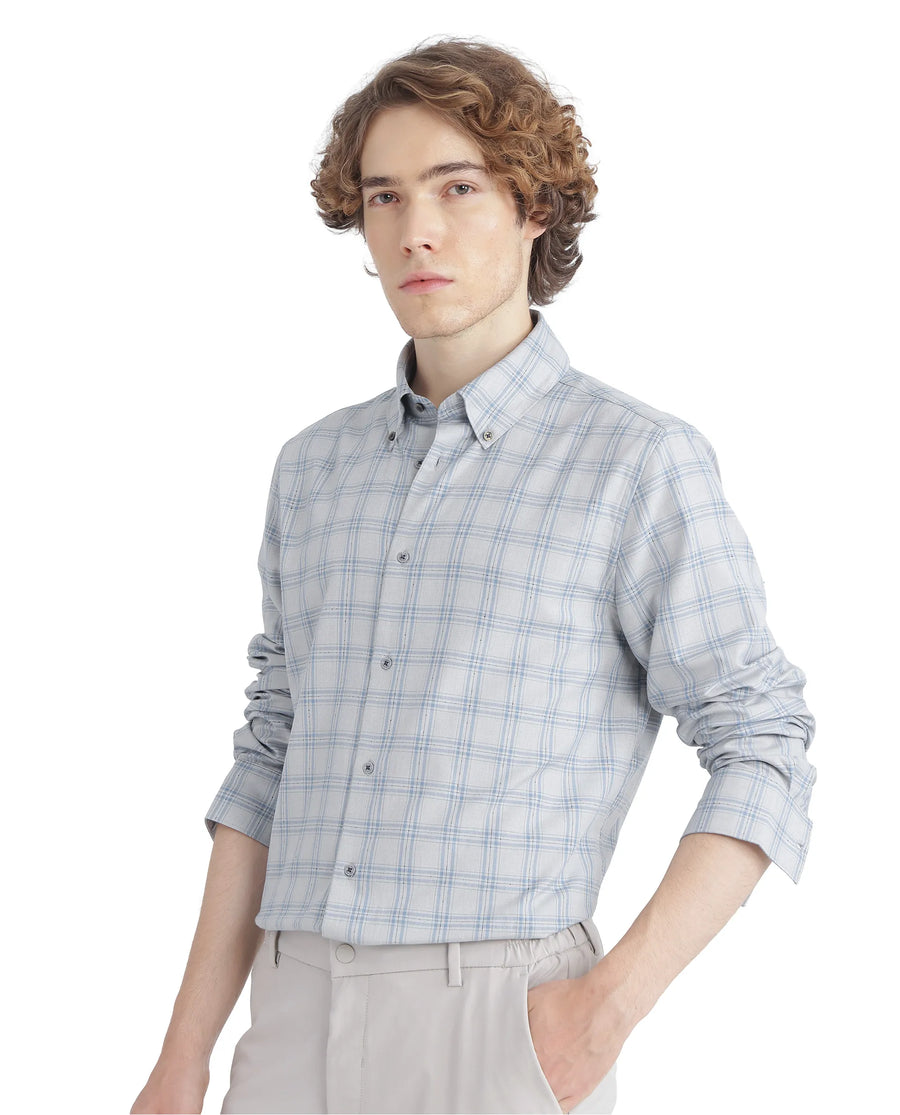 Rare Rabbit Men's Blase Light Grey Checked Print Regular Fit Full Sleeve Collared Shirt