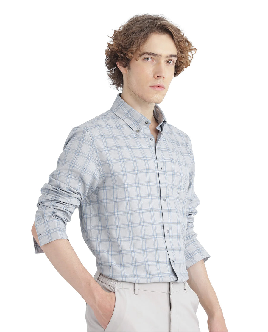 Rare Rabbit Men's Blase Light Grey Checked Print Regular Fit Full Sleeve Collared Shirt