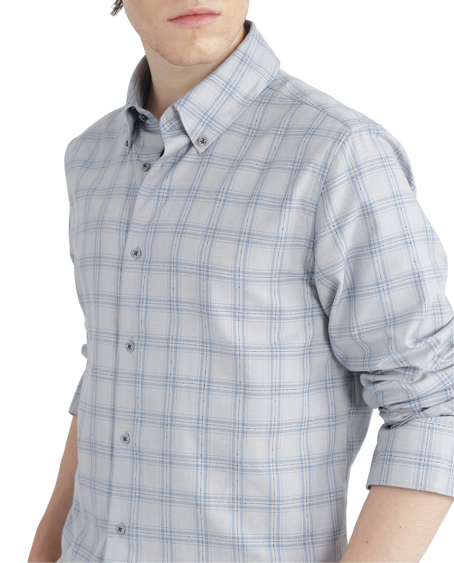 Rare Rabbit Men's Blase Light Grey Checked Print Regular Fit Full Sleeve Collared Shirt
