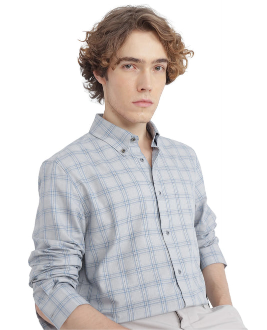 Rare Rabbit Men's Blase Light Grey Checked Print Regular Fit Full Sleeve Collared Shirt