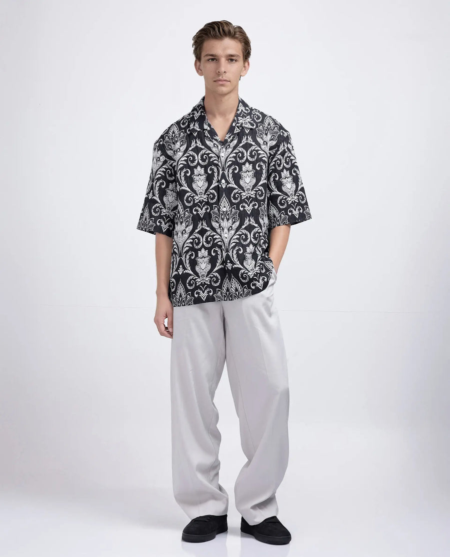 Rare Rabbit Men's Ble Black Cotton Blend Printed Boxy Fit Half Sleeve Cuban Collar Shirt