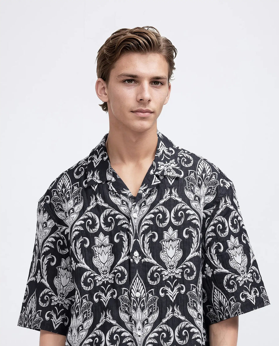 Rare Rabbit Men's Ble Black Cotton Blend Printed Boxy Fit Half Sleeve Cuban Collar Shirt