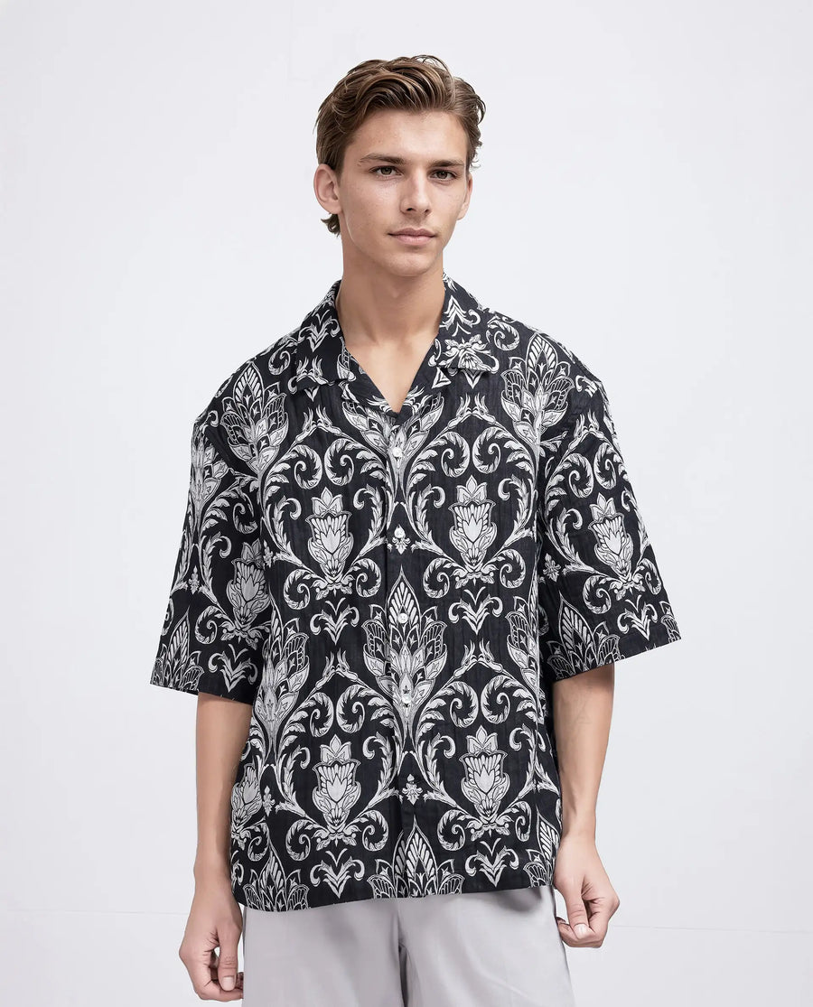 Rare Rabbit Men's Ble Black Cotton Blend Printed Boxy Fit Half Sleeve Cuban Collar Shirt