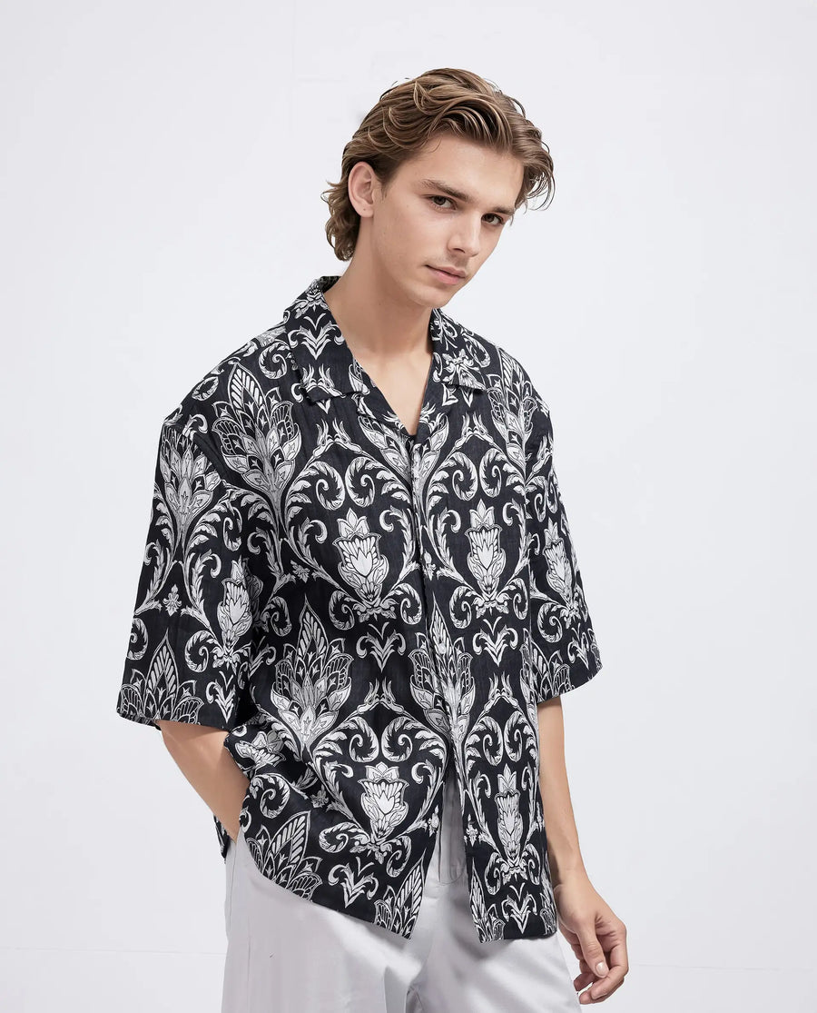 Rare Rabbit Men's Ble Black Cotton Blend Printed Boxy Fit Half Sleeve Cuban Collar Shirt