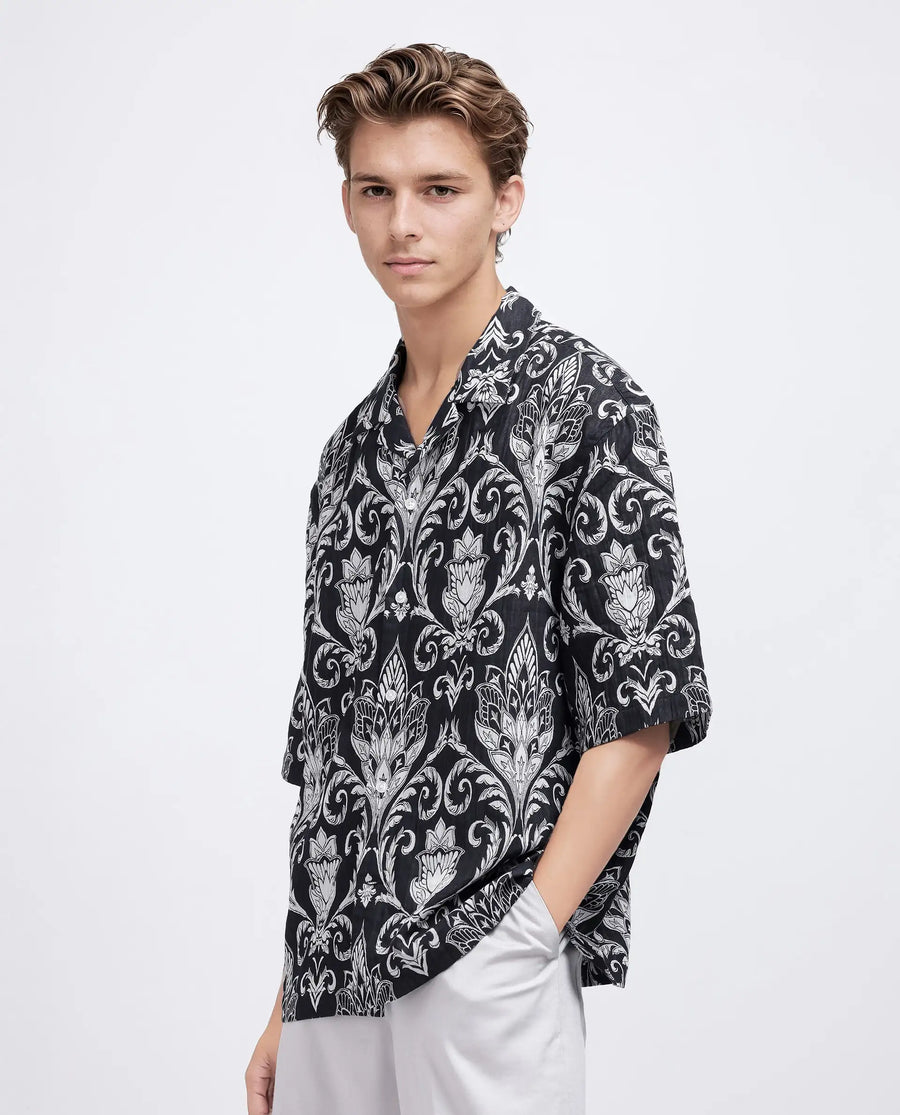 Rare Rabbit Men's Ble Black Cotton Blend Printed Boxy Fit Half Sleeve Cuban Collar Shirt