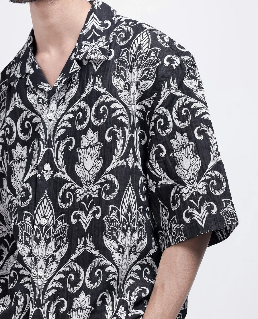 Rare Rabbit Men's Ble Black Cotton Blend Printed Boxy Fit Half Sleeve Cuban Collar Shirt