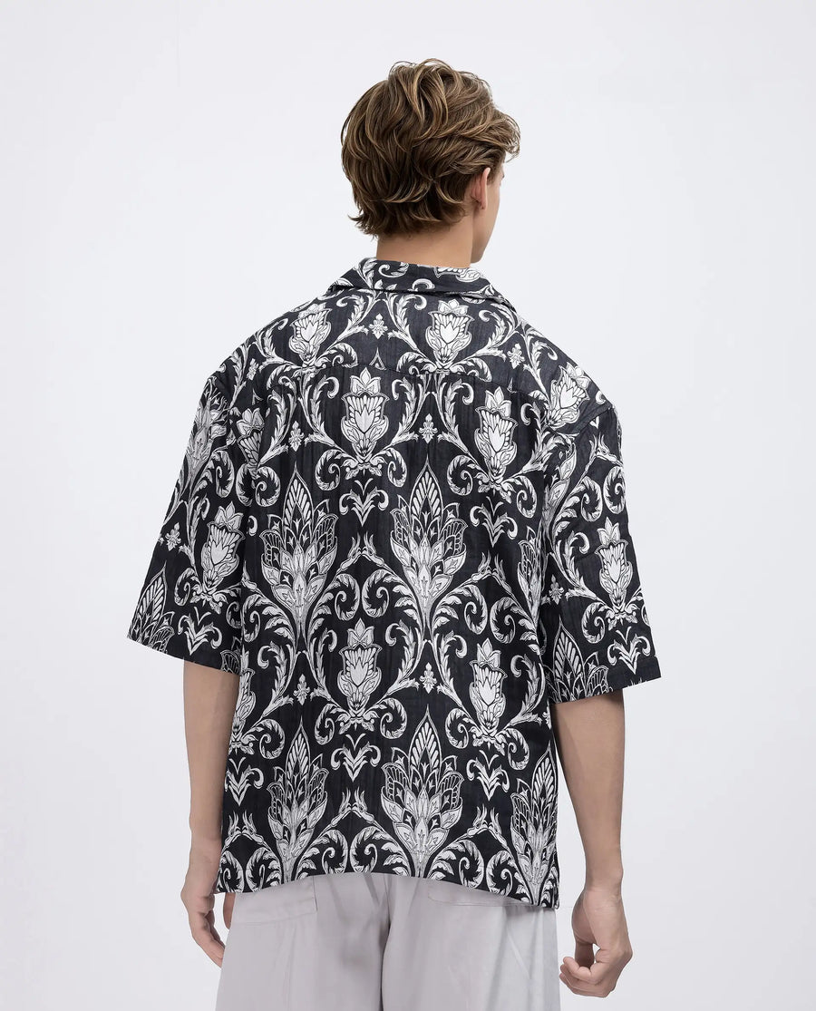 Rare Rabbit Men's Ble Black Cotton Blend Printed Boxy Fit Half Sleeve Cuban Collar Shirt