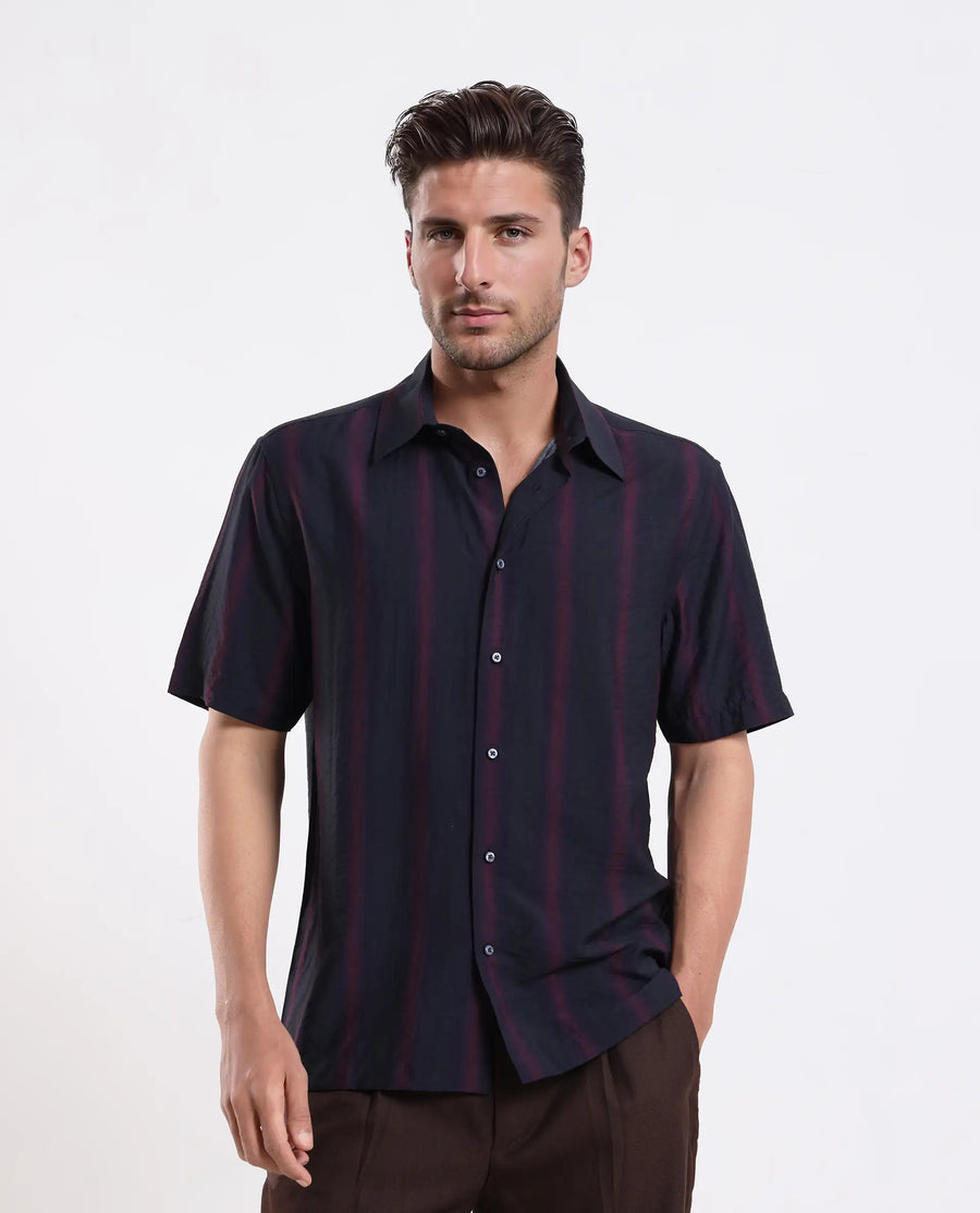 Rare Rabbit Men's Blen Black Viscose Blend Fabric Half Sleeve Spread Collar Ombre Print Shirt