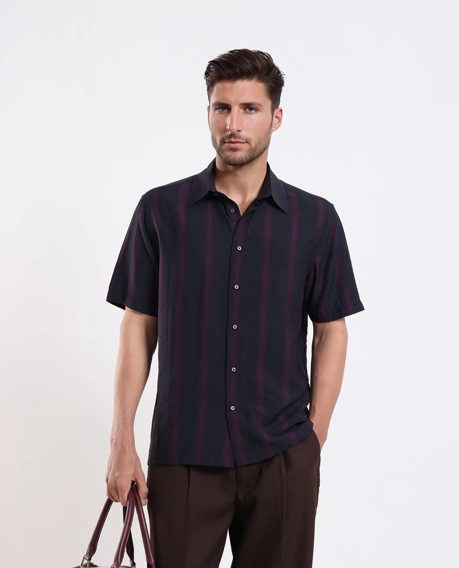 Rare Rabbit Men's Blen Black Viscose Blend Fabric Half Sleeve Spread Collar Ombre Print Shirt