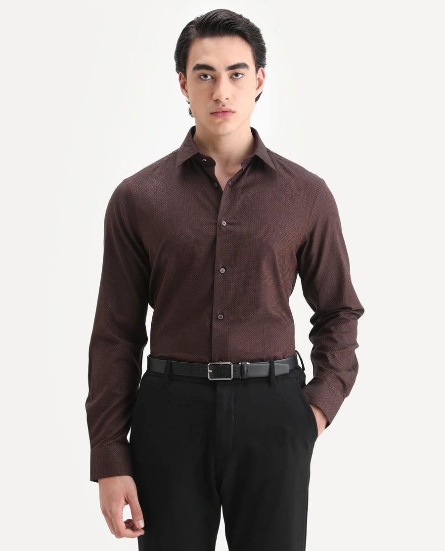Rare Rabbit Men's Blin Brown Cotton Blend Spread Collar Regular Fit Jacquard Shirt