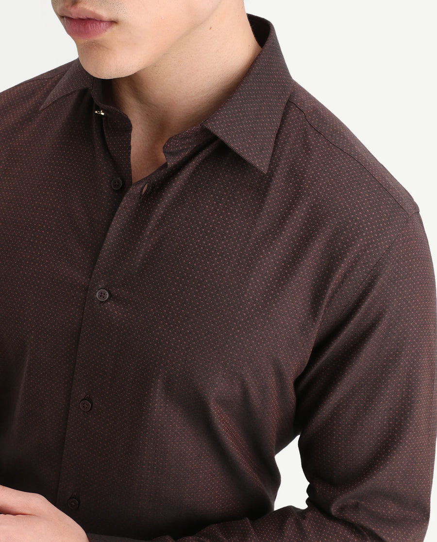 Rare Rabbit Men's Blin Brown Cotton Blend Spread Collar Regular Fit Jacquard Shirt