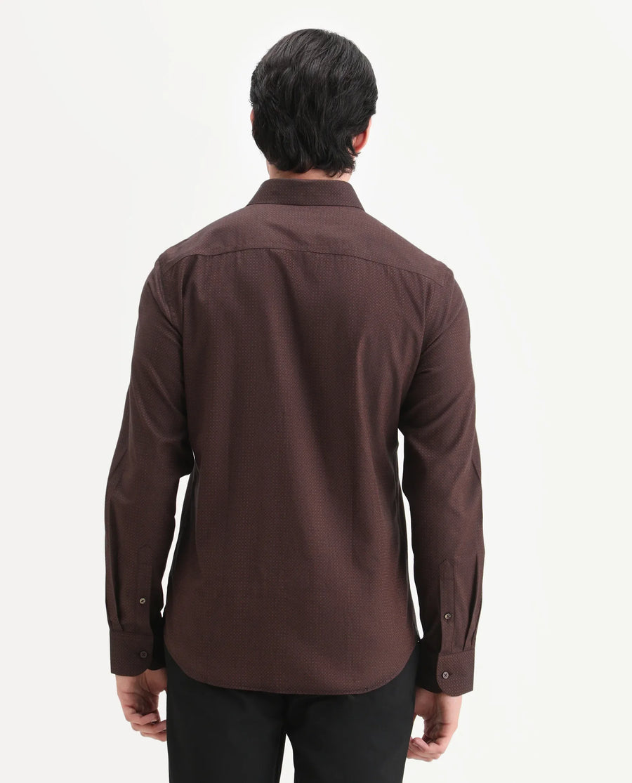 Rare Rabbit Men's Blin Brown Cotton Blend Spread Collar Regular Fit Jacquard Shirt