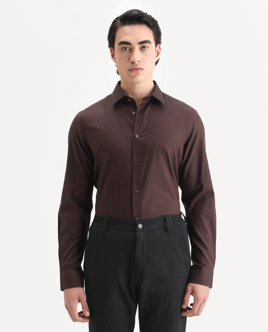 Rare Rabbit Men's Blin Brown Cotton Blend Spread Collar Regular Fit Jacquard Shirt