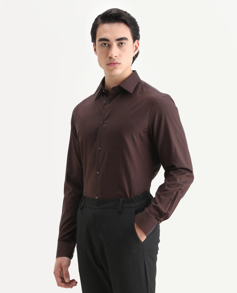 Rare Rabbit Men's Blin Brown Cotton Blend Spread Collar Regular Fit Jacquard Shirt
