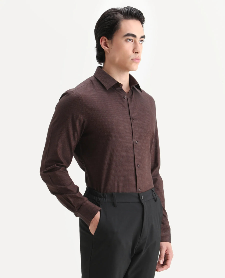 Rare Rabbit Men's Blin Brown Cotton Blend Spread Collar Regular Fit Jacquard Shirt