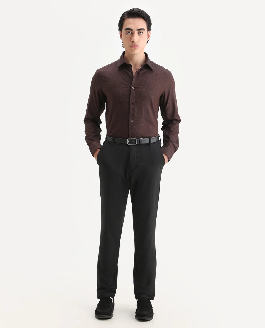 Rare Rabbit Men's Blin Brown Cotton Blend Spread Collar Regular Fit Jacquard Shirt