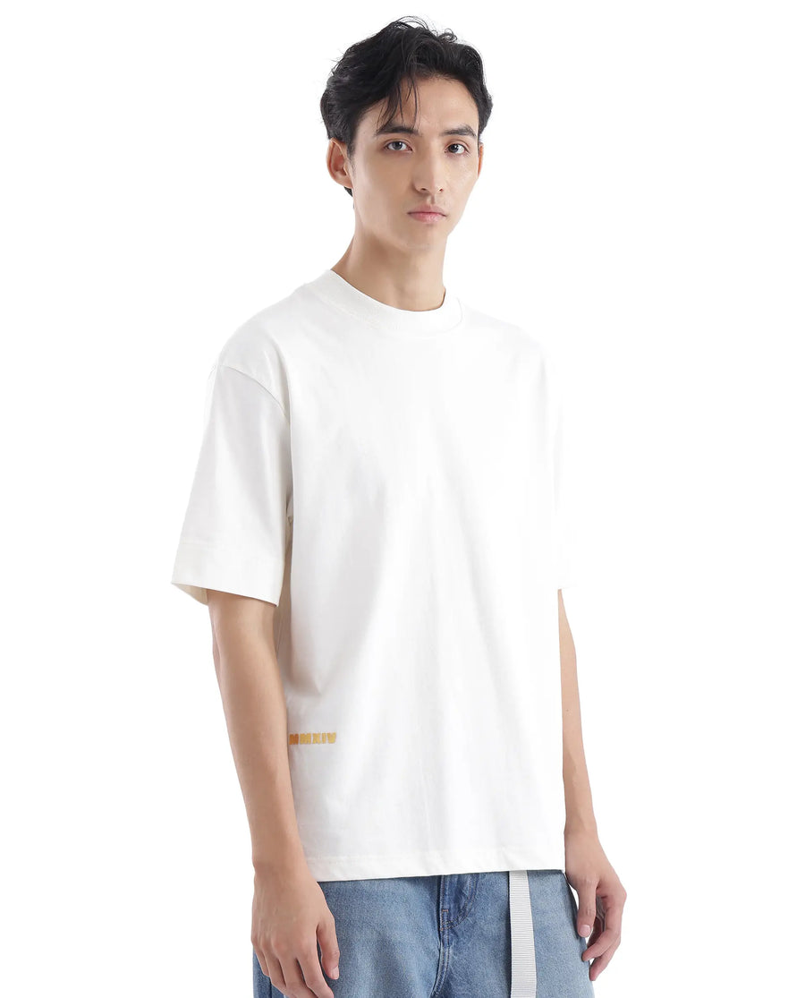 Rare Rabbit Men's Blin Off White Cotton Graphic Print Oversized Fit Half Sleeve Crew Neck T-Shirt