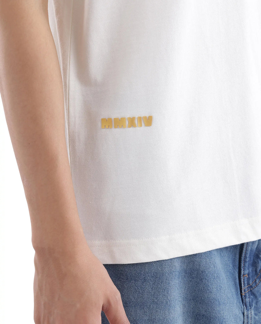 Rare Rabbit Men's Blin Off White Cotton Graphic Print Oversized Fit Half Sleeve Crew Neck T-Shirt