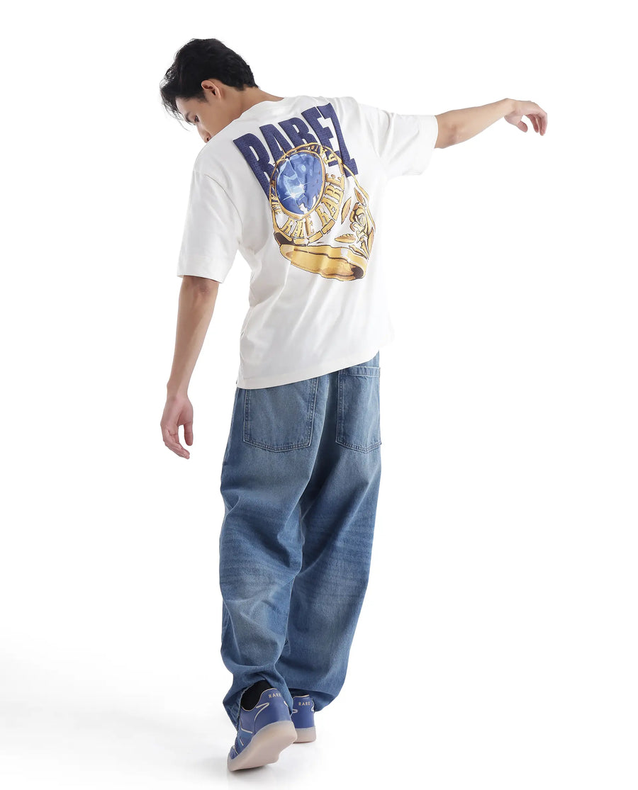 Rare Rabbit Men's Blin Off White Cotton Graphic Print Oversized Fit Half Sleeve Crew Neck T-Shirt