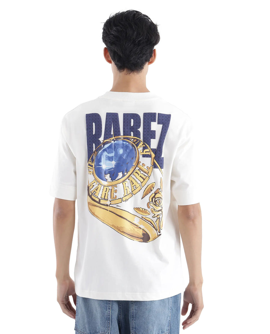 Rare Rabbit Men's Blin Off White Cotton Graphic Print Oversized Fit Half Sleeve Crew Neck T-Shirt