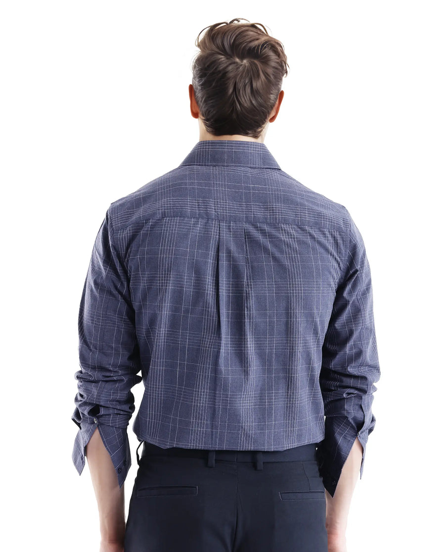 Rare Rabbit Men's Blute Doubt Navy Cotton Checked Print Regular Fit Full Sleeve Collared Shirt
