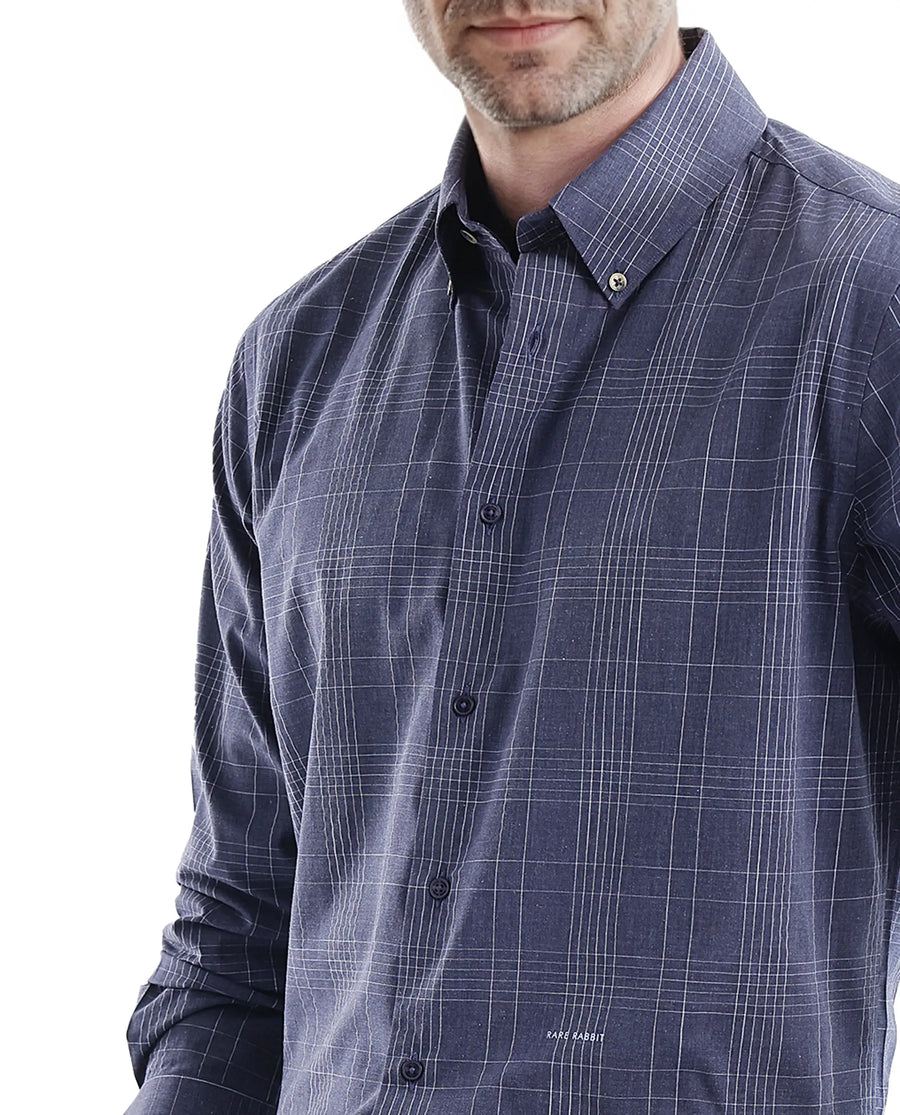 Rare Rabbit Men's Blute Doubt Navy Cotton Checked Print Regular Fit Full Sleeve Collared Shirt