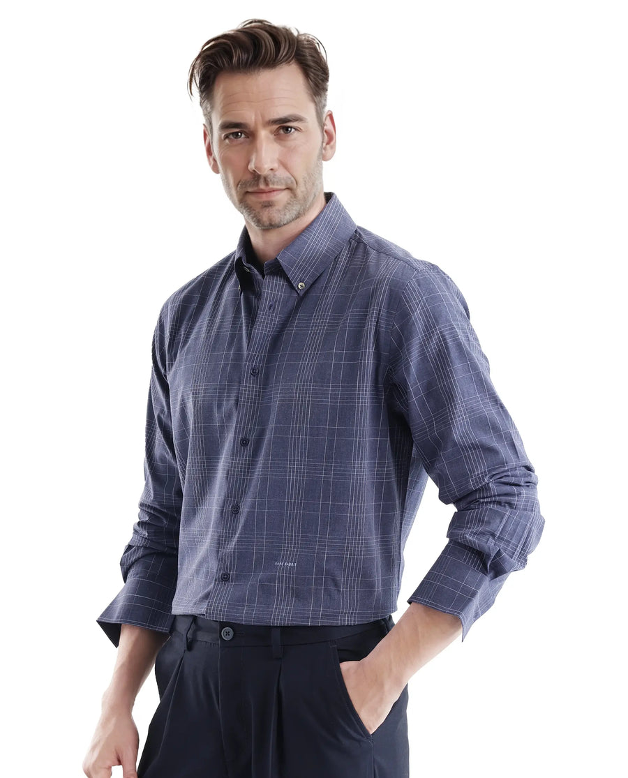 Rare Rabbit Men's Blute Doubt Navy Cotton Checked Print Regular Fit Full Sleeve Collared Shirt