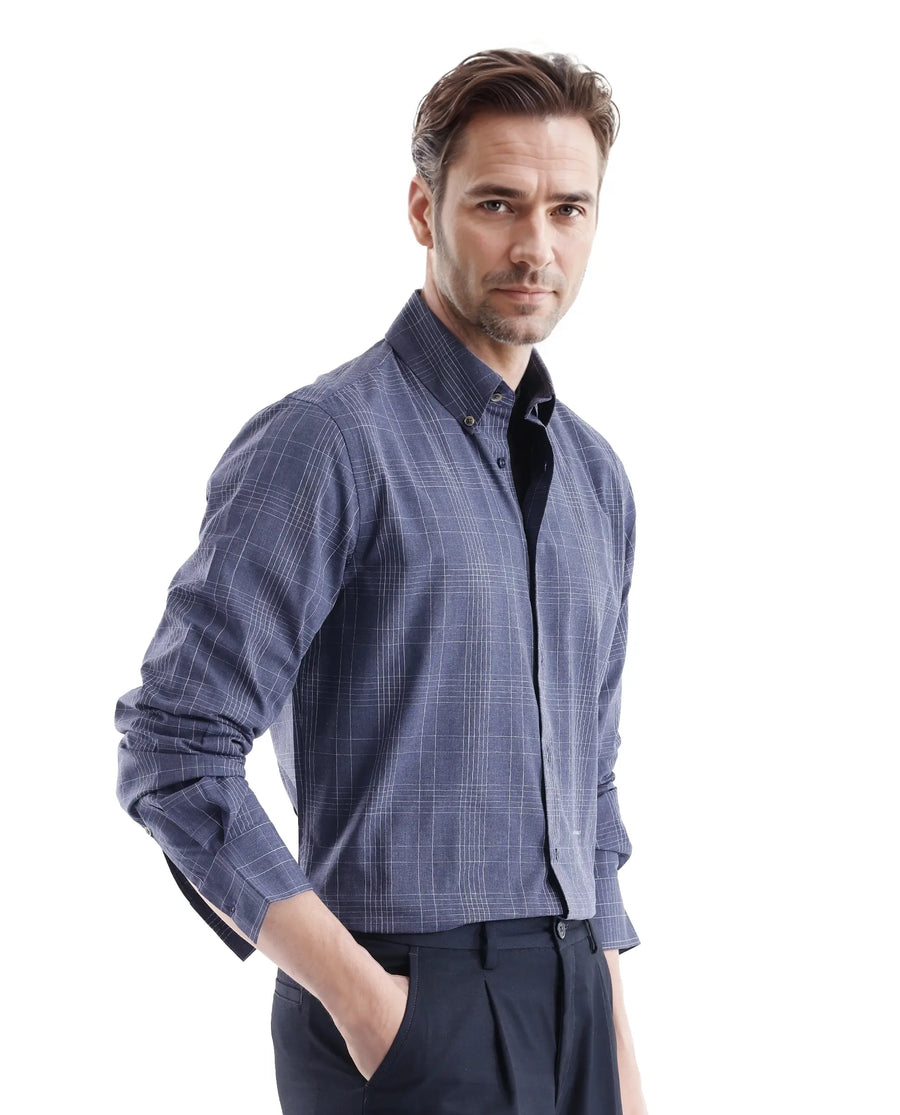 Rare Rabbit Men's Blute Doubt Navy Cotton Checked Print Regular Fit Full Sleeve Collared Shirt