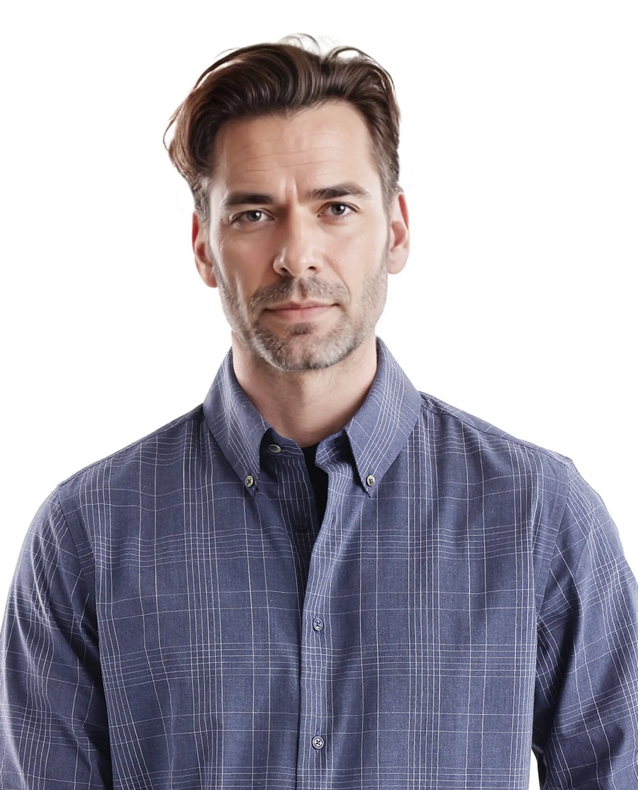 Rare Rabbit Men's Blute Doubt Navy Cotton Checked Print Regular Fit Full Sleeve Collared Shirt