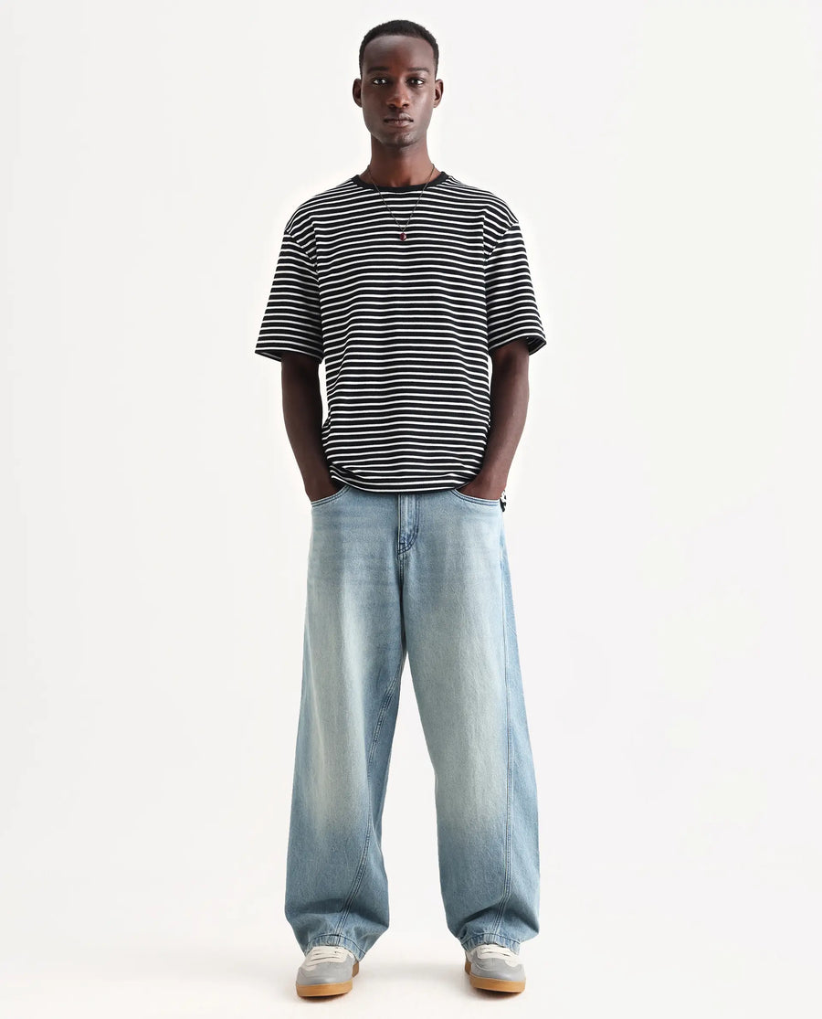 Rare Rabbit Men's Bo Blue Cotton Plain Baggy Fit Jeans