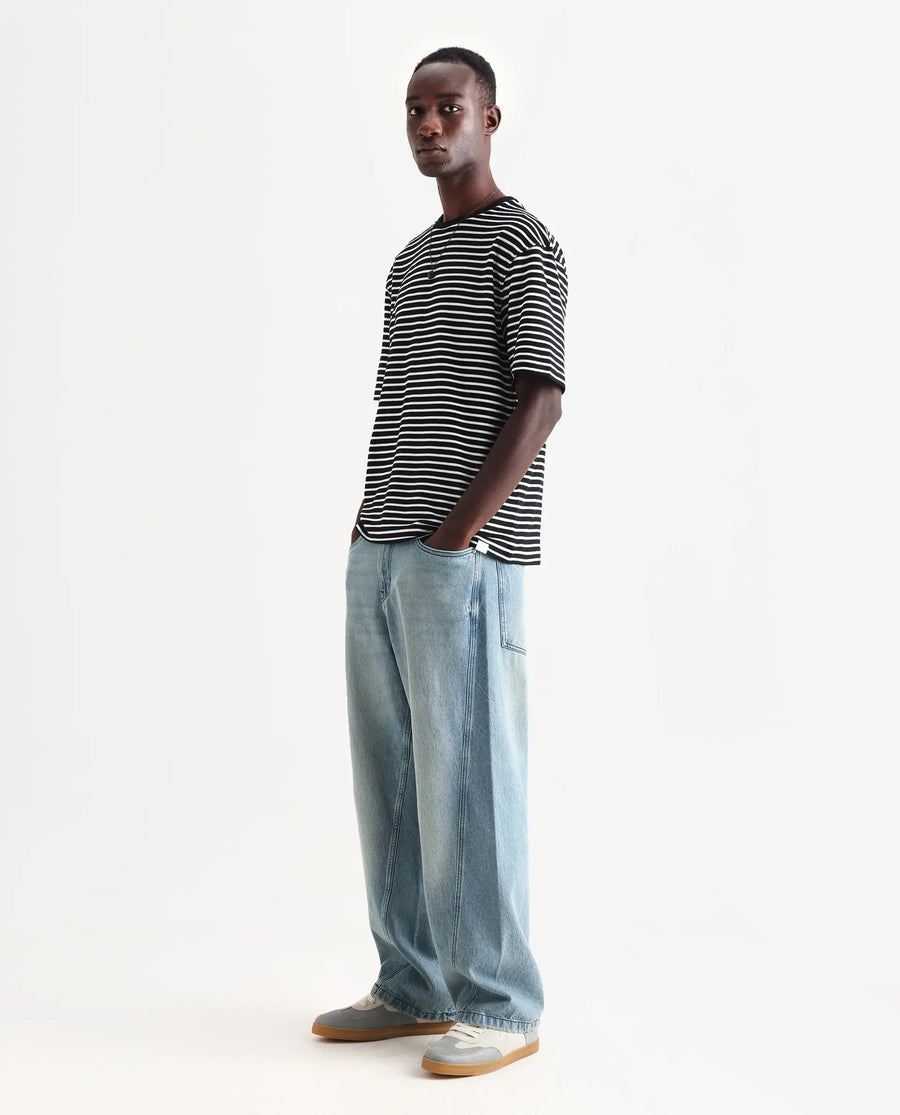 Rare Rabbit Men's Bo Blue Cotton Plain Baggy Fit Jeans