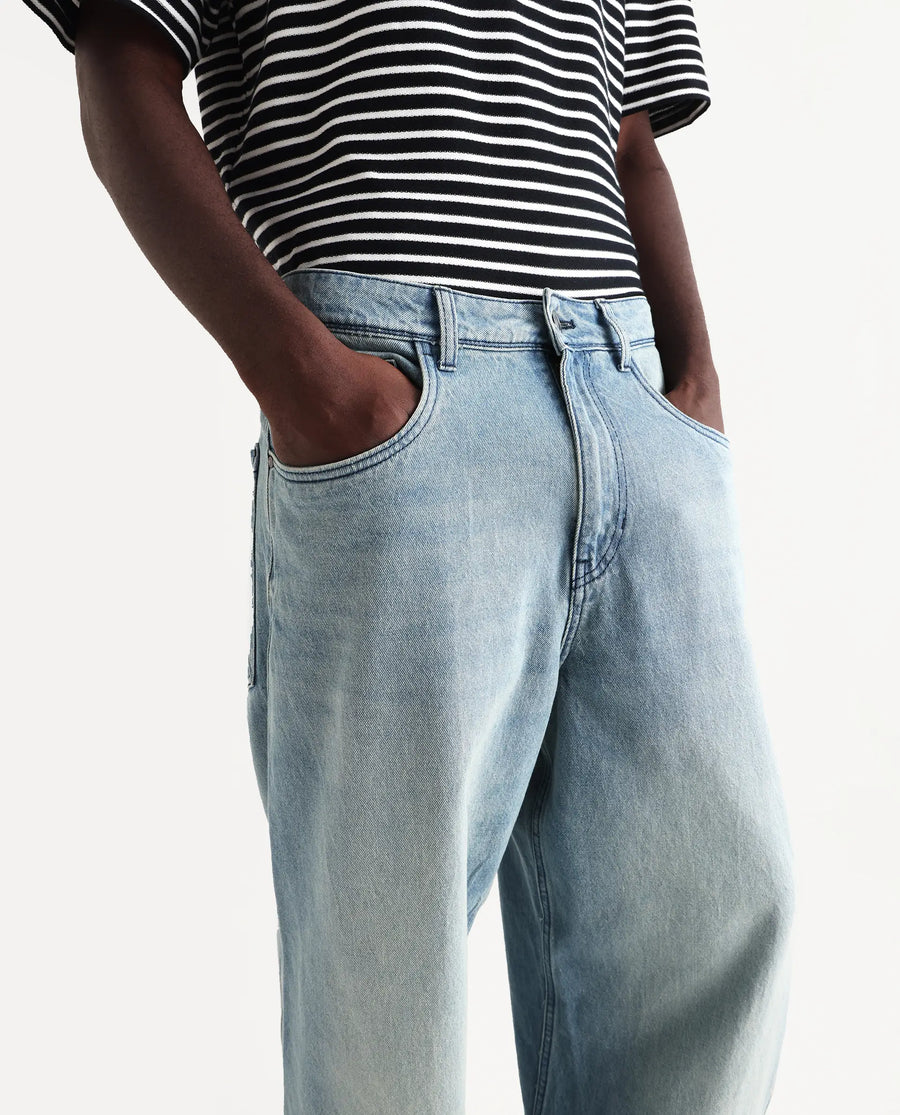 Rare Rabbit Men's Bo Blue Cotton Plain Baggy Fit Jeans