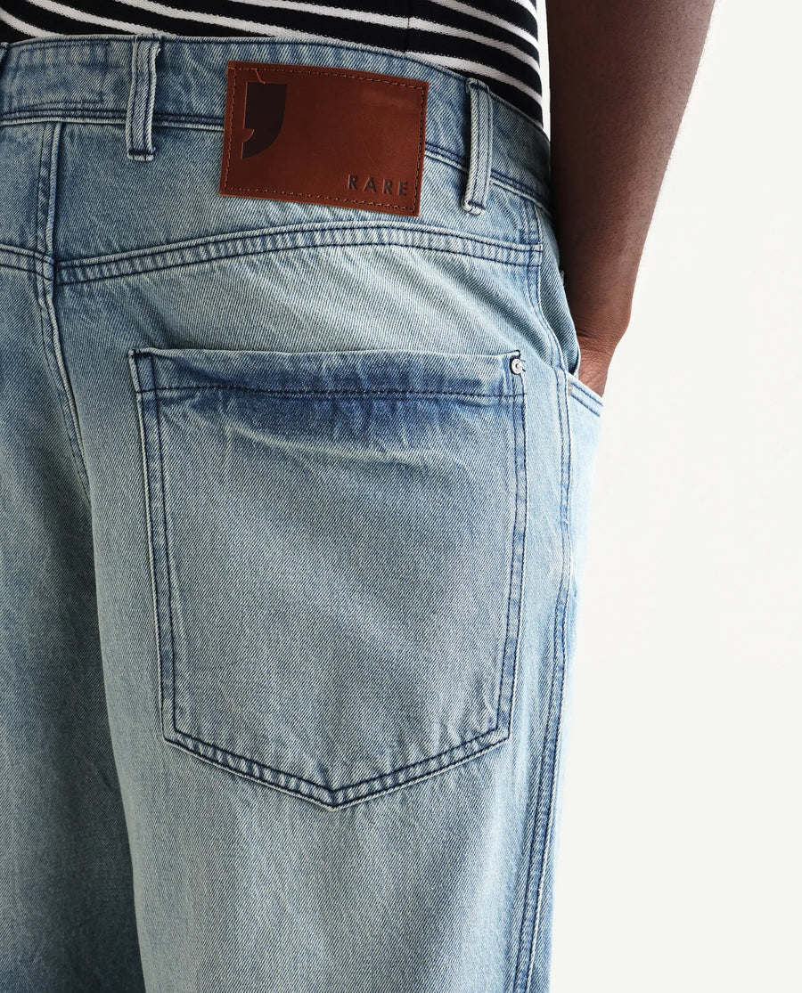 Rare Rabbit Men's Bo Blue Cotton Plain Baggy Fit Jeans