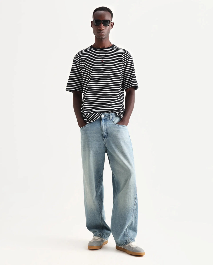 Rare Rabbit Men's Bo Blue Cotton Plain Baggy Fit Jeans