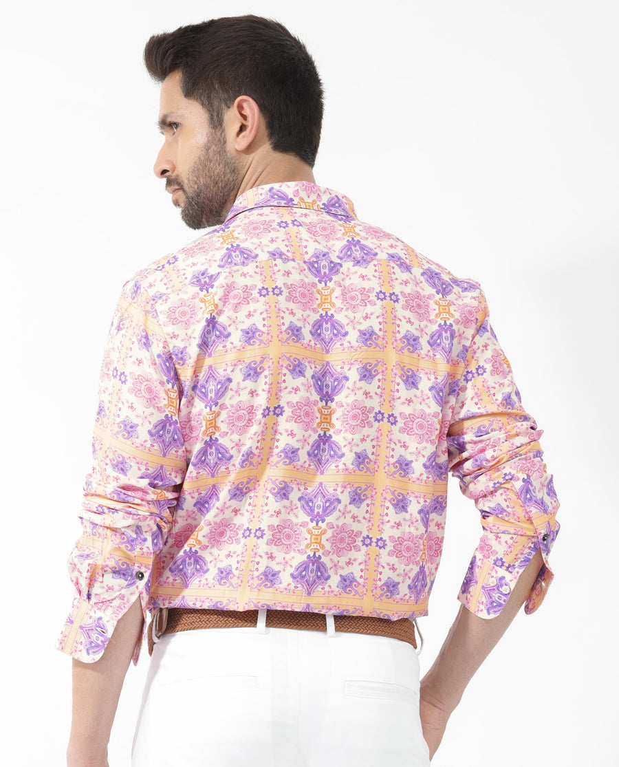 Rare Rabbit Men's Bodem Pink Viscose Decorative Print Regular Fit Full Sleeve Collared Shirt