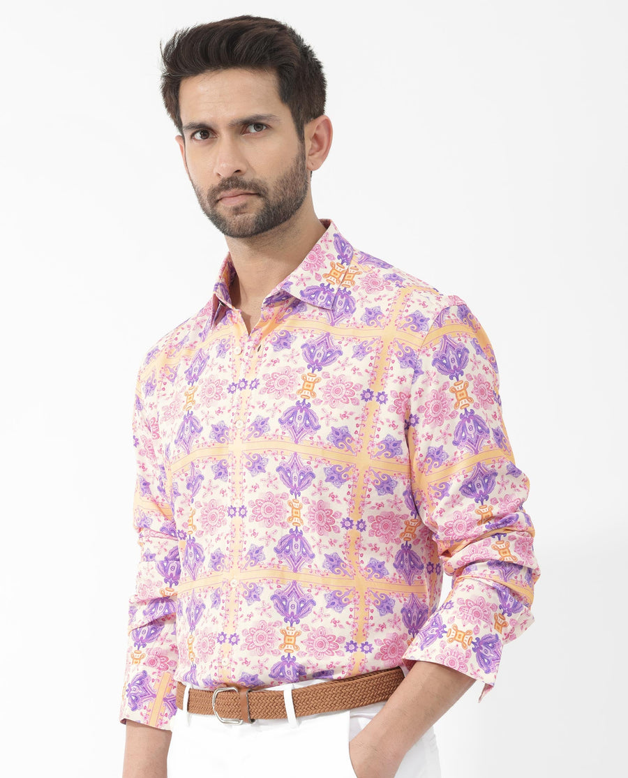 Rare Rabbit Men's Bodem Pink Viscose Decorative Print Regular Fit Full Sleeve Collared Shirt